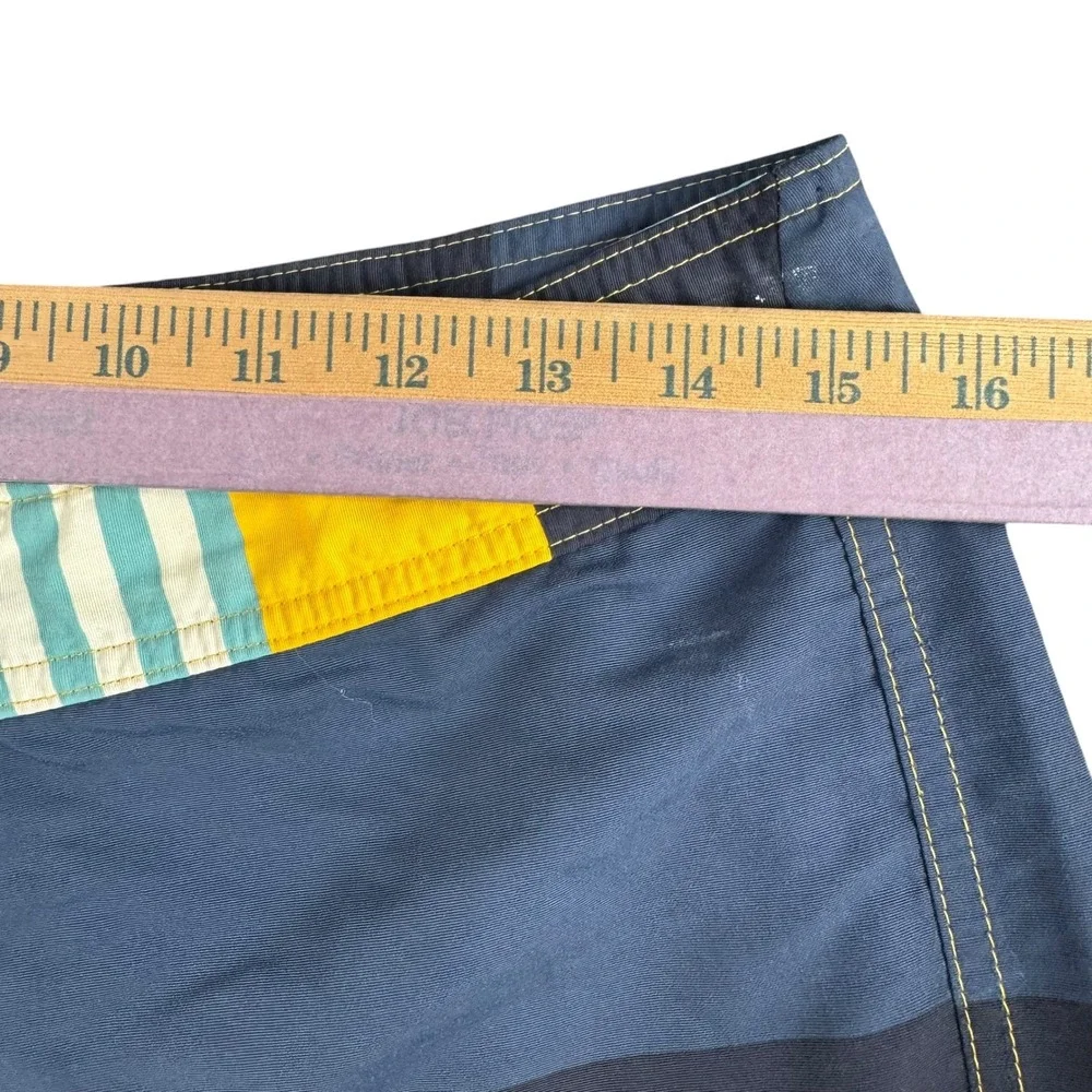 Patagonia Mens 31 Board Shorts Multi Color Striped Nylon Swim Trunks Navy Yellow